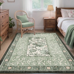 4'x6' Washable Floral Print Living Room Bedroom Rugs, Vintage Farmhouse Indoor Floor Carpet, Non Slip Large Dining Room Rugs, Green - 1 of 4