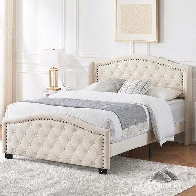 Bed Frame with Button Tufted Headboard, Velvet Upholstered Bed Frame with Wooden Slat Support, Under Bed Storage, No Box Spring Needed, Beige