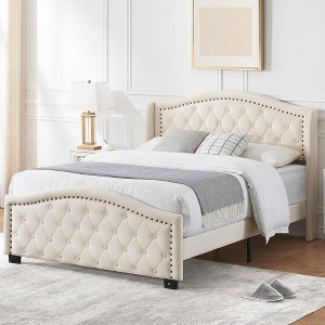 Bed Frame with Button Tufted Headboard, Velvet Upholstered Bed Frame with Wooden Slat Support, Under Bed Storage, No Box Spring Needed, Beige - 1 of 4