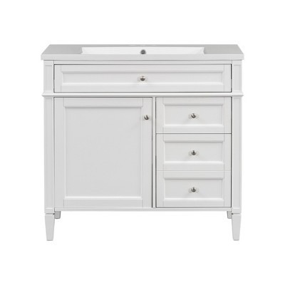 Vynxaria 36 inch Ultra White Modern Single Sink Freestanding Bath Vanity with Resin Top Two Full Extension Drawers One Tip Out Drawer Soft Close Door