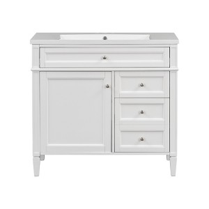 Vynxaria 36 inch Ultra White Modern Single Sink Freestanding Bath Vanity with Resin Top Two Full Extension Drawers One Tip Out Drawer Soft Close Door - 1 of 4