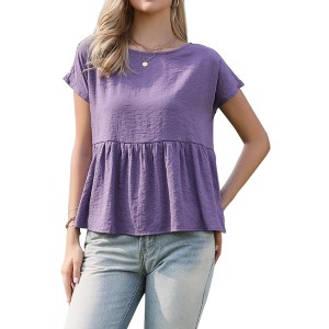 INSPIRE CHIC Women's Short Sleeve Casual Round Neck Ruffle Hem Flowy Spring Summer Blouses - 1 of 4