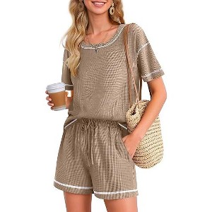 Ekouaer Women's Waffle Knit Two Piece Lounge Set, Soft Matching Outfits for Daily Wear, Casual Shorts Set with Pocket - 1 of 4