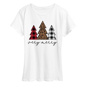 Women's - Instant Message - Very Merry Plaid Leopard Trees Short Sleeve Graphic T-Shirt - 1 of 4