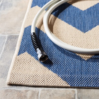 Blue and Beige Chevron Square Indoor/Outdoor Rug
