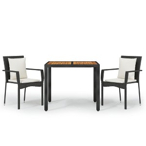 vidaXL Patio Dining Set - 3 Piece Black Poly Rattan with Cushions, Weather-Resistant, Sturdy Steel Frame, Acacia Wood Tabletop, Comfortable Seating - 1 of 4