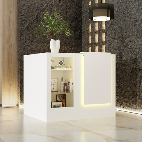 Famapy White Corner Reception Desk Display Counter Table with Tempered Glass - image 1 of 4