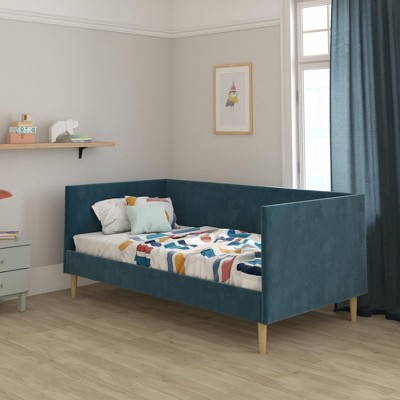 Twin Blue Velvet Upholstered Daybed with Wooden Slats