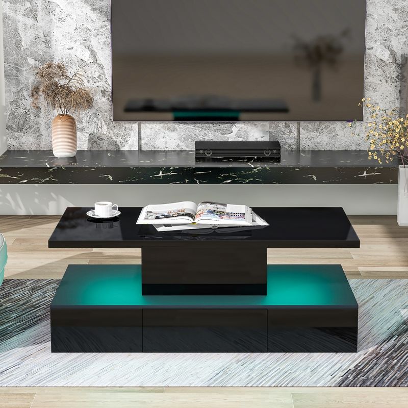 Modern Glossy Coffee Table With Drawers With Plug-In 16 Colors Living Room LED Lighting - ModernLuxe, 2 of 11