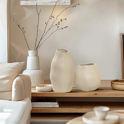 Ivory Ceramic Modern Round Bouquet Vase