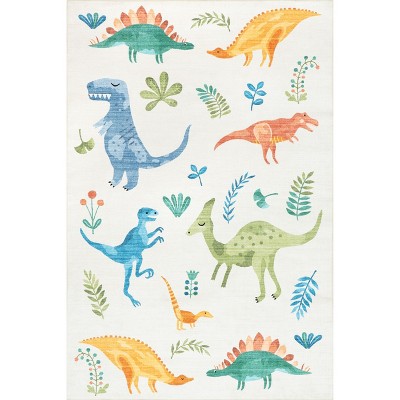 Nuloom Eamon Dinosaur Pet Friendly Machine Washable Kids Area Rug, 3' x 5', White Multicolor