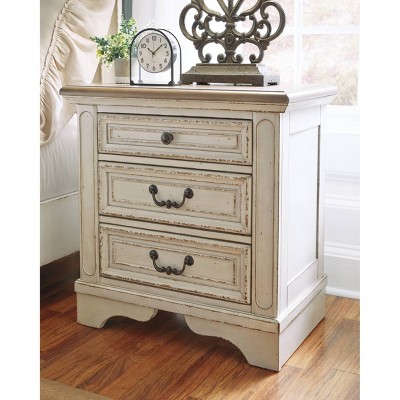 Chipped White & Distressed Wood 3-Drawer Nightstand with USB Ports