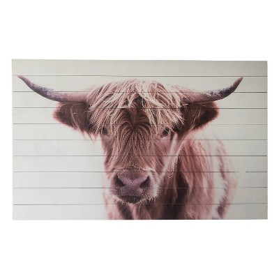 48" x 30" Brown Highland Cow Print on Planked Wood Wall Sign Panel Brown - Gallery 57