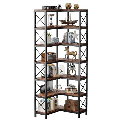 Hommoo 78.7”Tall 7 Tier Industrial Corner Bookshelf Brown