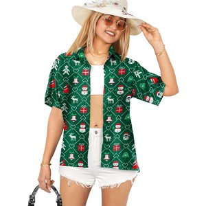 LA LEELA Women's Beach Funny Santa Claus Party Shirt Blouse Short Sleeve Tops Christmas Tree Hawaiian Gifts Shirts for Women - 1 of 4