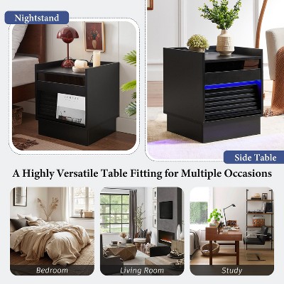 CAVINAS Mid Century Nightstand with Charging Station,Modern Bedside Table with LED lights, End Table with 2 Drawers for Bedroom