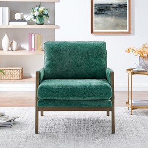Velvet Upholstered Mid-Century Modern Accent Armchair with Soft Cushioned Seat, Padded Armrests and Solid Rubberwood Frame - 1 of 4