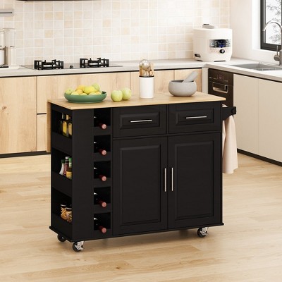 Kitchen Island Cart With 2 Door Cabinet And 2 Drawers, Foldable Rubberwood Table Top Multi-Functional Cart