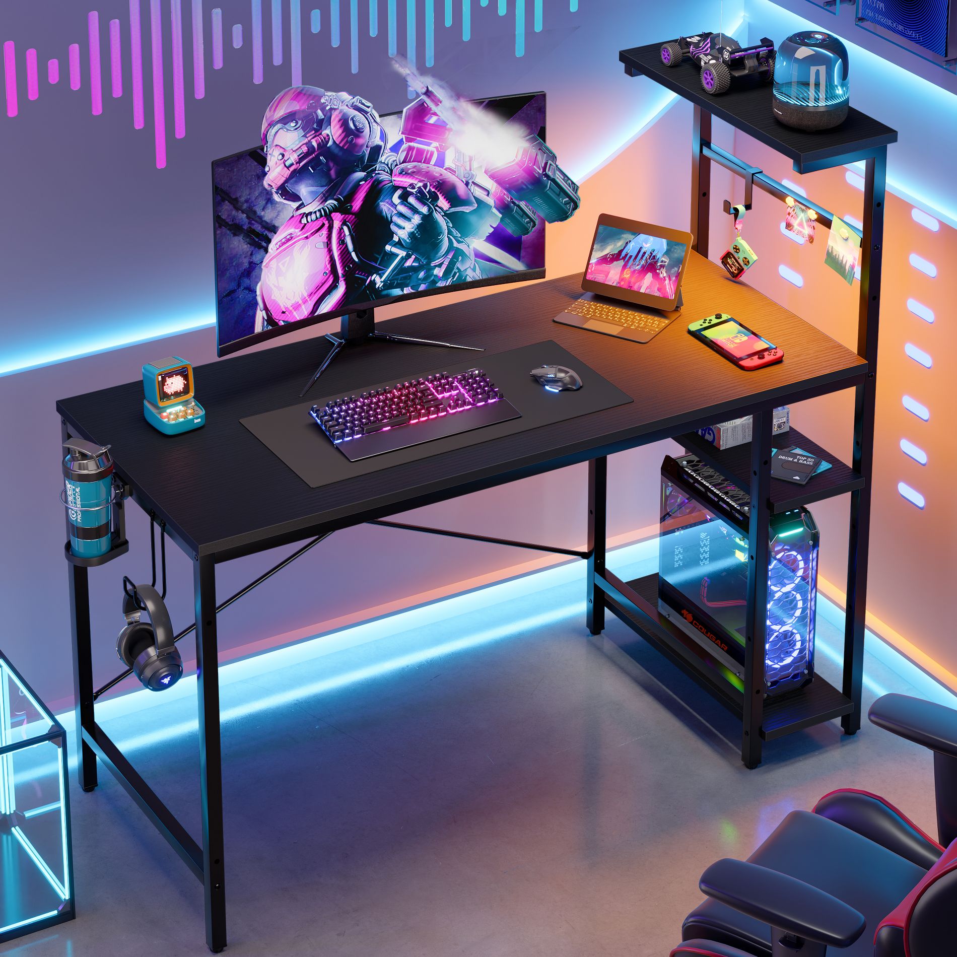 Bestier 44 inch Gaming Desk with RGB LED Light– Reversible 4-Tier Storage Shelves, Hooks, Cup holder and Magnets Black