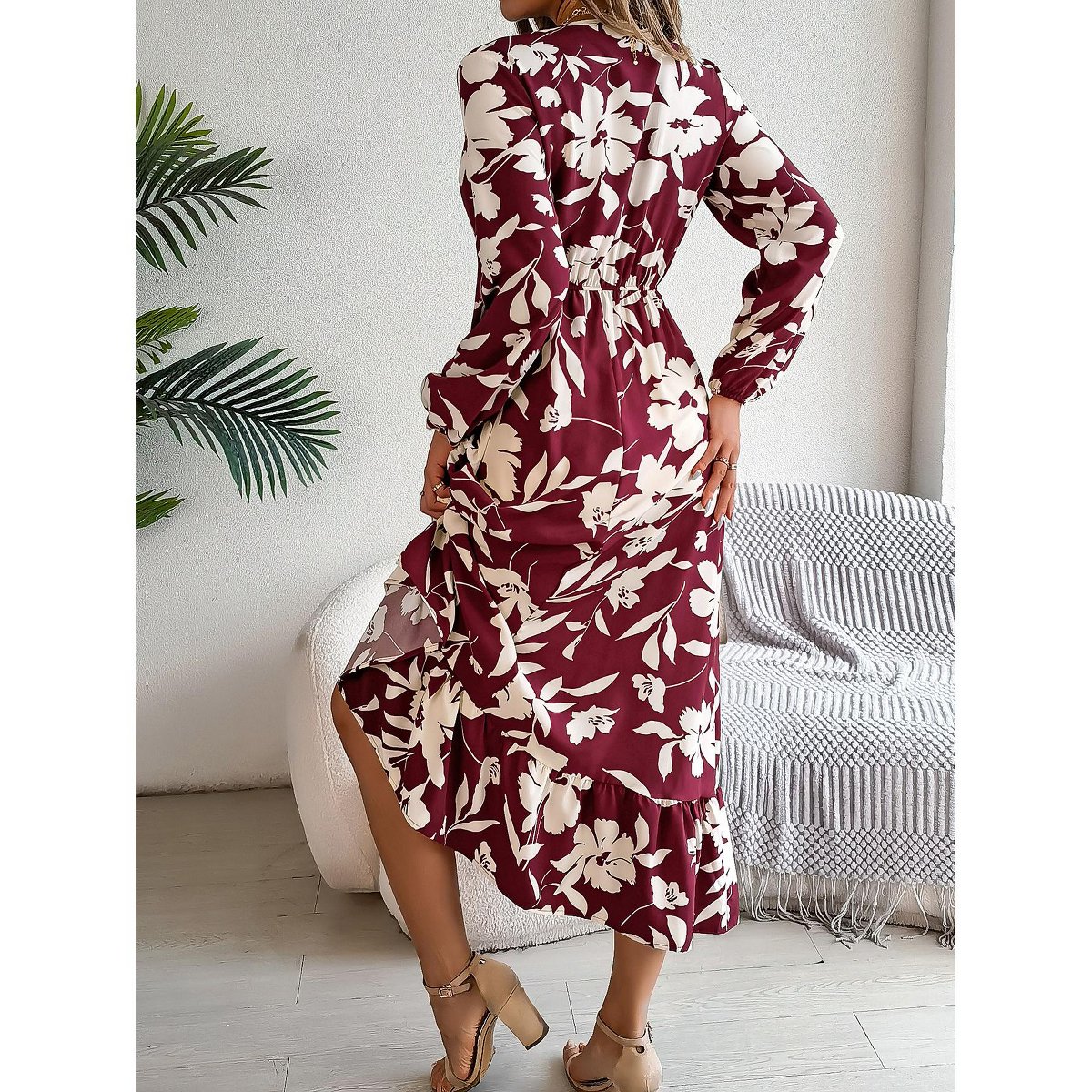 Женские платья YesFashion Women's Dresses Long Sleeve V Neck Ruffle Casual Floral Print Midi Dress,L,Wine Red — фото 3