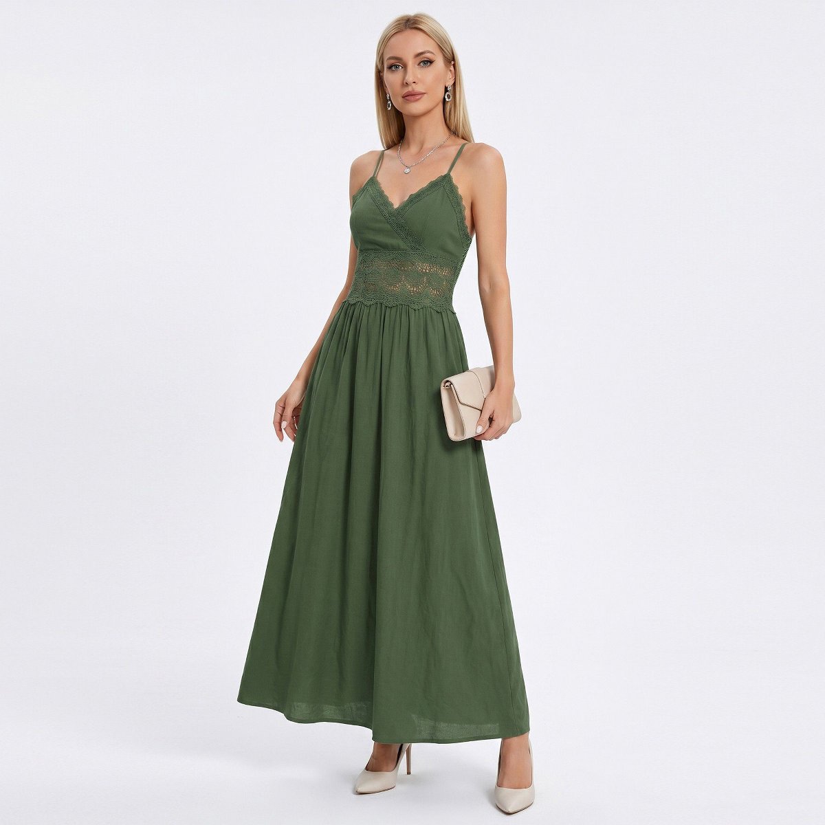 Женские платья Anna-Kaci Women's Lace Waist Maxi Dress with Spaghetti Straps and Surplice V Neck Bodice - X Large, Olive — фото 2