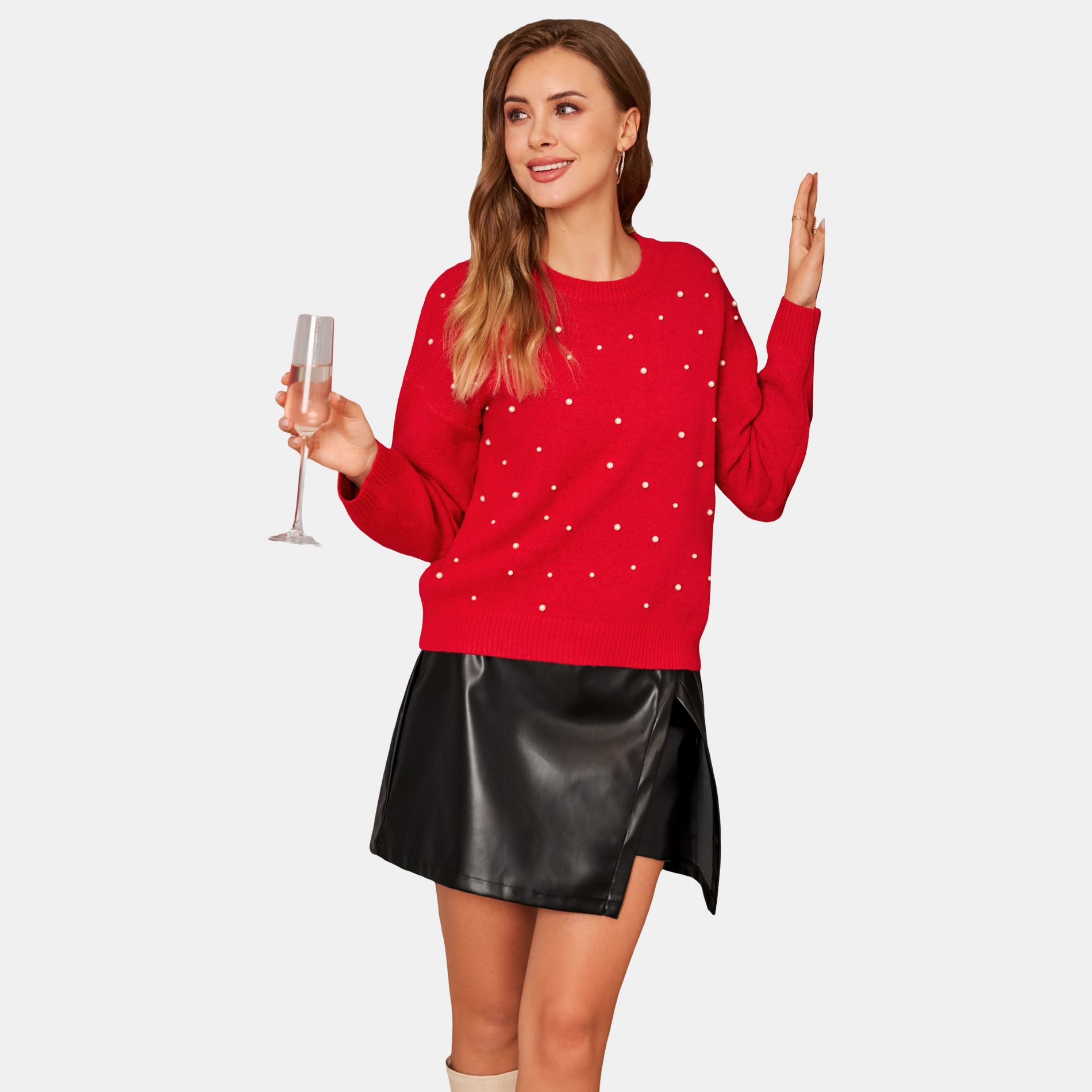 Women's Chic Pearl Embellished Red Sweater - Cupshe