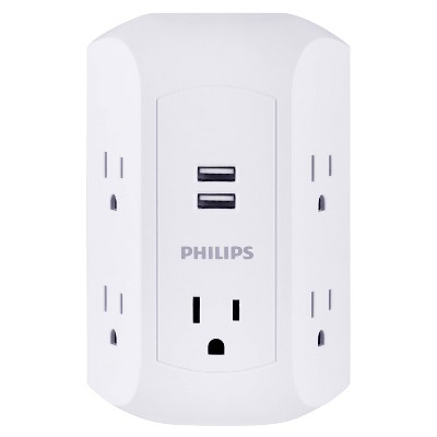 Philips 5-Outlet Grounded Tap 2 USB Ports 2.4A Adapter Spaced Outlets 560J - White Turtle