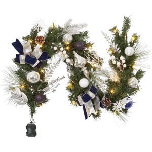 6ft Pre-Lit Christmas Garland with 20 Warm White LEDs, Flower & Bow Decor for Indoor/Outdoor Front Door and Mantle - 1 of 4