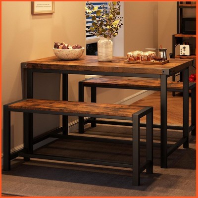 3 Piece Dining Table Set for 4 with Space-Saving Benches, Tabletop, Steel Frame, Modern Farmhouse Kitchen Table