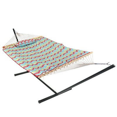 Sunnydaze Cotton Rope Freestanding Hammock with Spreader Bar with Portable Steel Stand and Pad and Pillow Set - 12' Stand - Multi-Color Chevron