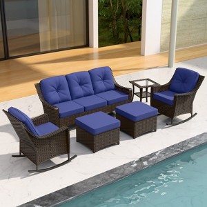 EAGLE PEAK Azure Bay 6 Pieces Wicker Outdoor Patio Furniture Set, Sofa and Rocking Chairs with Ottomans and Side Table - 1 of 4