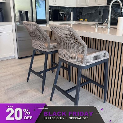 PURPLE LEAF Bar Stools Set of 2 Height Metal Bar Chairs with Back Modern Aluminum Tall Comfy Wicker Woven Boho Barstools Garden Pool Patio Outdoor