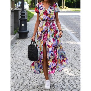Women's Summer Casual Wrap V Neck Maxi Dress Short Sleeve Boho Floral Dress with Belt - 1 of 3