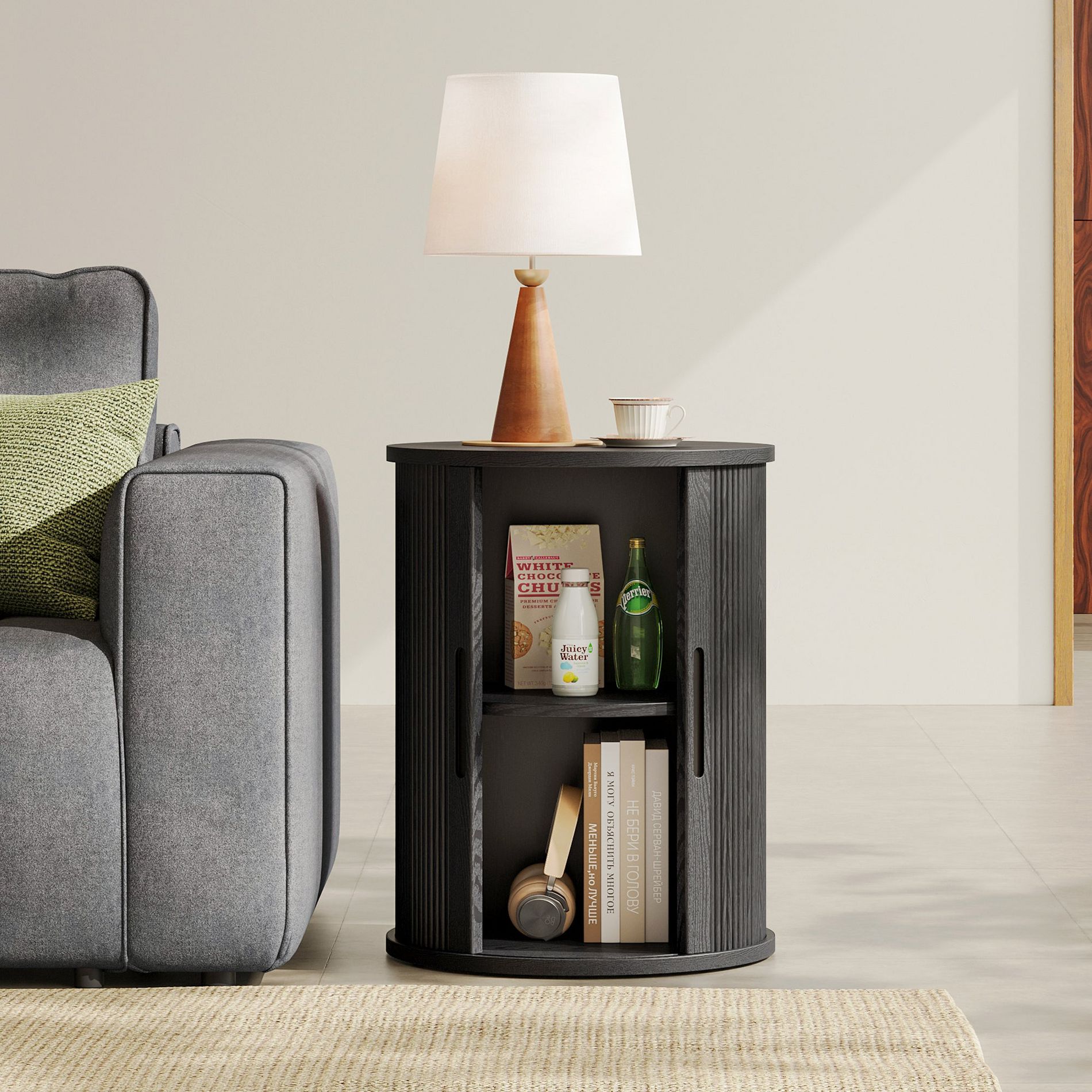 LINSY HOME Round End Table, Fluted Side Table with Sliding Door, Mid Century Modern Nightstand, Wood Boho Tall Bedside Table for Small Space