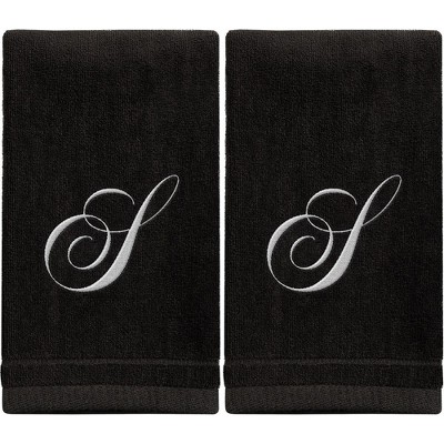 Creative Scents Black Fingertip Monogrammed Towels White Embroidered