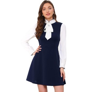 INSPIRE CHIC Women's Elegant Contrast Ruffle Stand Collar Bow Tie Puff Sleeve Office Dress - 1 of 4