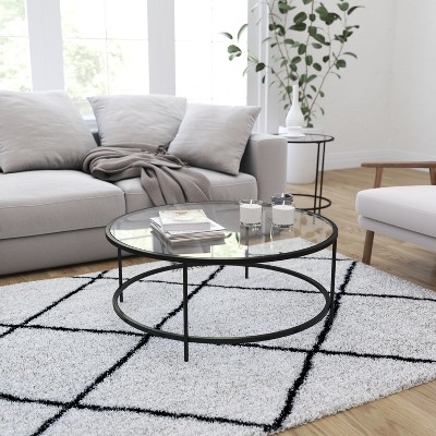 38" Round Glass Coffee Table with Matte Black Metal Base