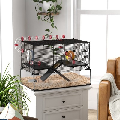 Extra Large Hamster Cage with Tube Tunnel and Deep Glass Base,Small Animal Habitat with Wheel Ramps for Dwarf Hamsters and Gerbils - LAOTIES