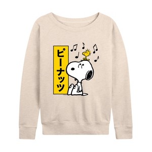 Women's - Peanuts - Snoopy And Woodstock Lightweight French Terry Wide Neck Long Sleeve Shirt - 1 of 4