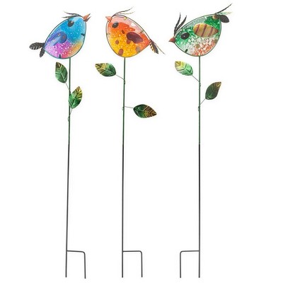 Wind & Weather Colorful Metal and Glass Bird Garden Stakes, Set of 3