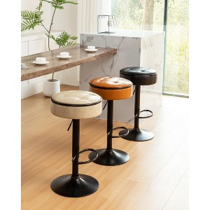 DOMETOUR Round Storage Bar Stools Set of 2, Brown Faux Leather Adjustable Swivel Stools, Armless Metal Frame for Kitchen Counter Dining Room - 1 of 4