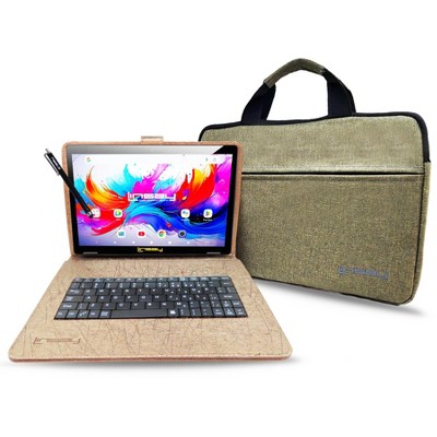 LINSAY® 10.1" Octa Core  256GB STORAGE Android 15 BUNDLE with BROWN UNIQUE ORACLE KEYBOARD CASE and TABLET BRIEFCASE