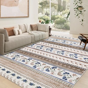 Floral Print Area Rugs Washable Boho Floor Cover with Non-Slip Backing - 1 of 4