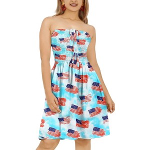 LA LEELA Women's Summer 4th of July American USA Flag Smocked Swing Tube Top Patriotic Dresses for Women One Size US Flag Blue - 1 of 4