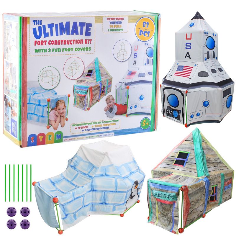 Attatoy Ultimate Play Fort Kit 83pc Set; Stick and Ball Fort Building Kit w/ 3 Play Tent Covers, 1 of 9