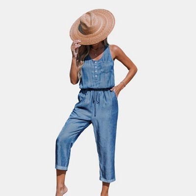 Women's Blue Sleeveless Scoop Neck Pocket Jumpsuit - Cupshe