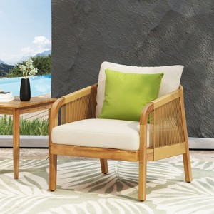 Christopher Knight Home Allerton Outdoor Acacia Wood and Wicker Club Chair with Cushions, Teak and Beige - 1 of 4