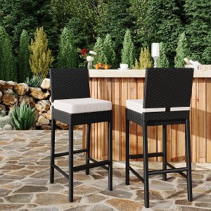 Patio Wicker Barstools With Cushions, Outdoor Wicker Bar Stools Set of 2, Outdoor Rattan Bar Height Stool Set Armless for Backyard, Poolside - 1 of 4