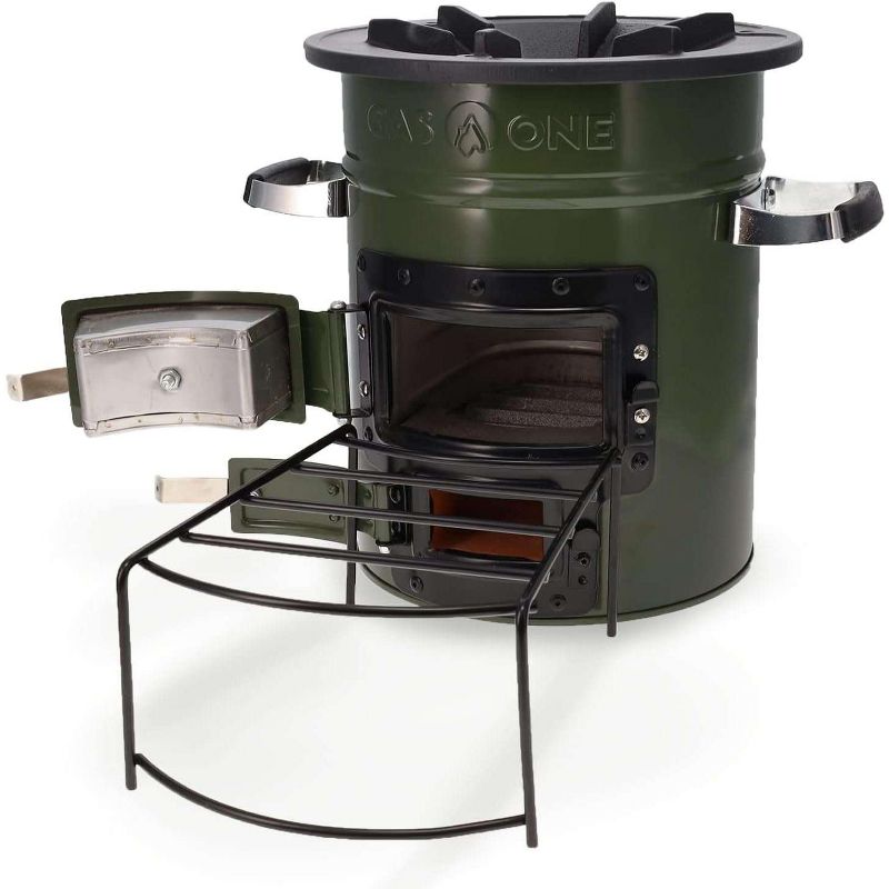 Military Green Portable Wood Burning Rocket Stove with Cast Iron Top