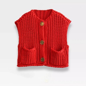 Women's Chunky Knit Sweater Vest with Front Button Cropped Cardigan Tank Tops and Pocket - 1 of 4